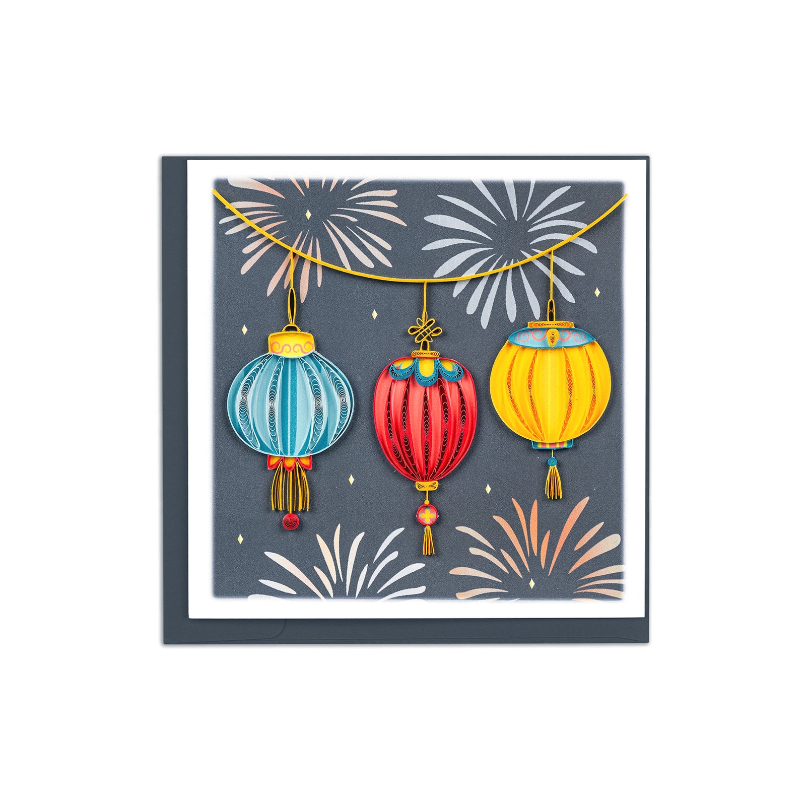 Colorful notecard with lanterns and fireworks on a dark blue background