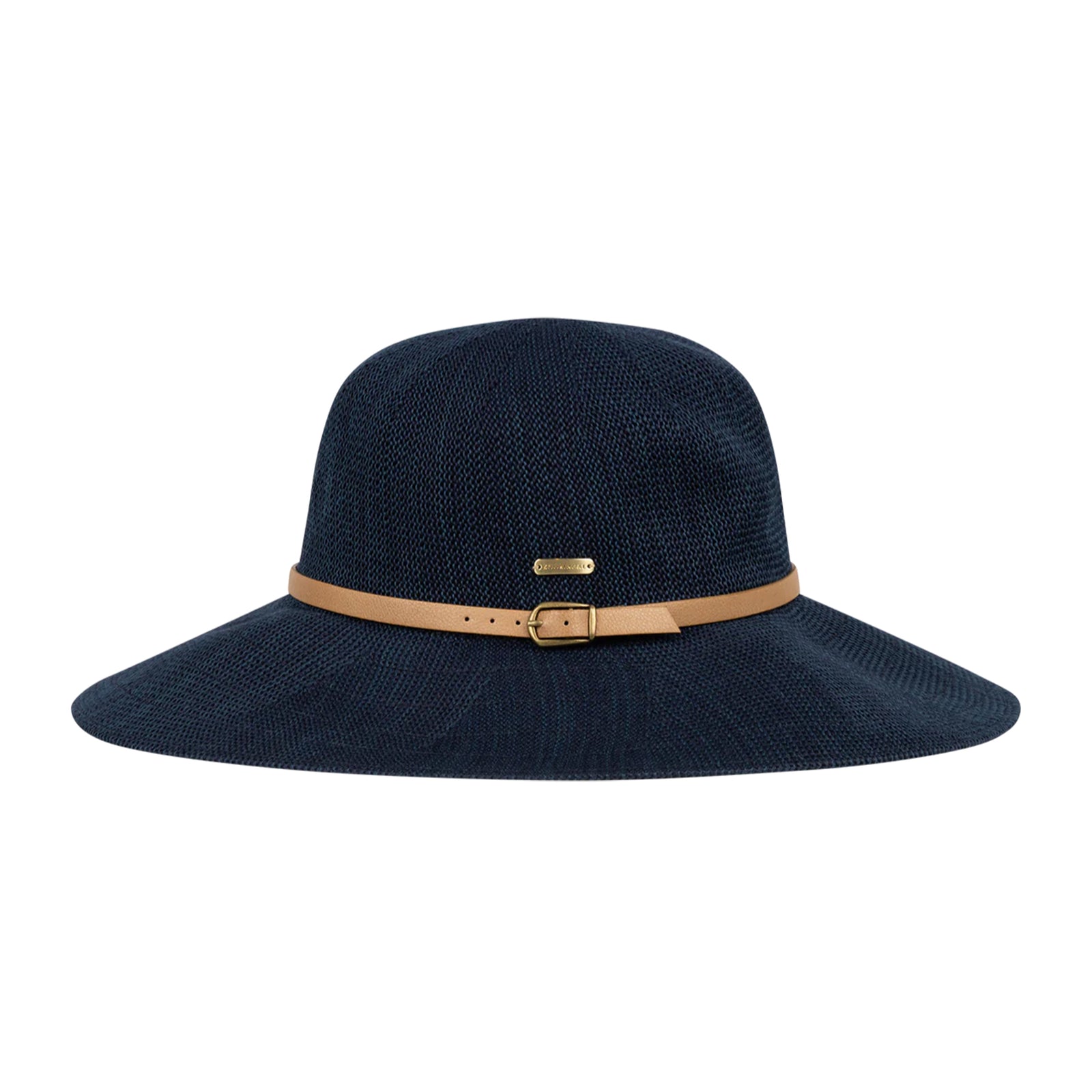 Navy blue sun hat with a tan band on a white background