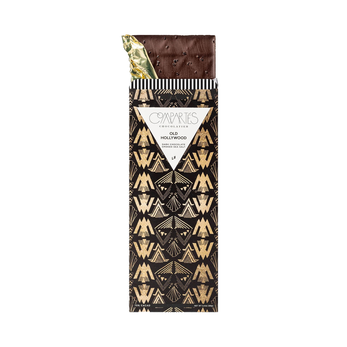 Chocolate bar with decorative packaging featuring a geometric pattern on a white background
