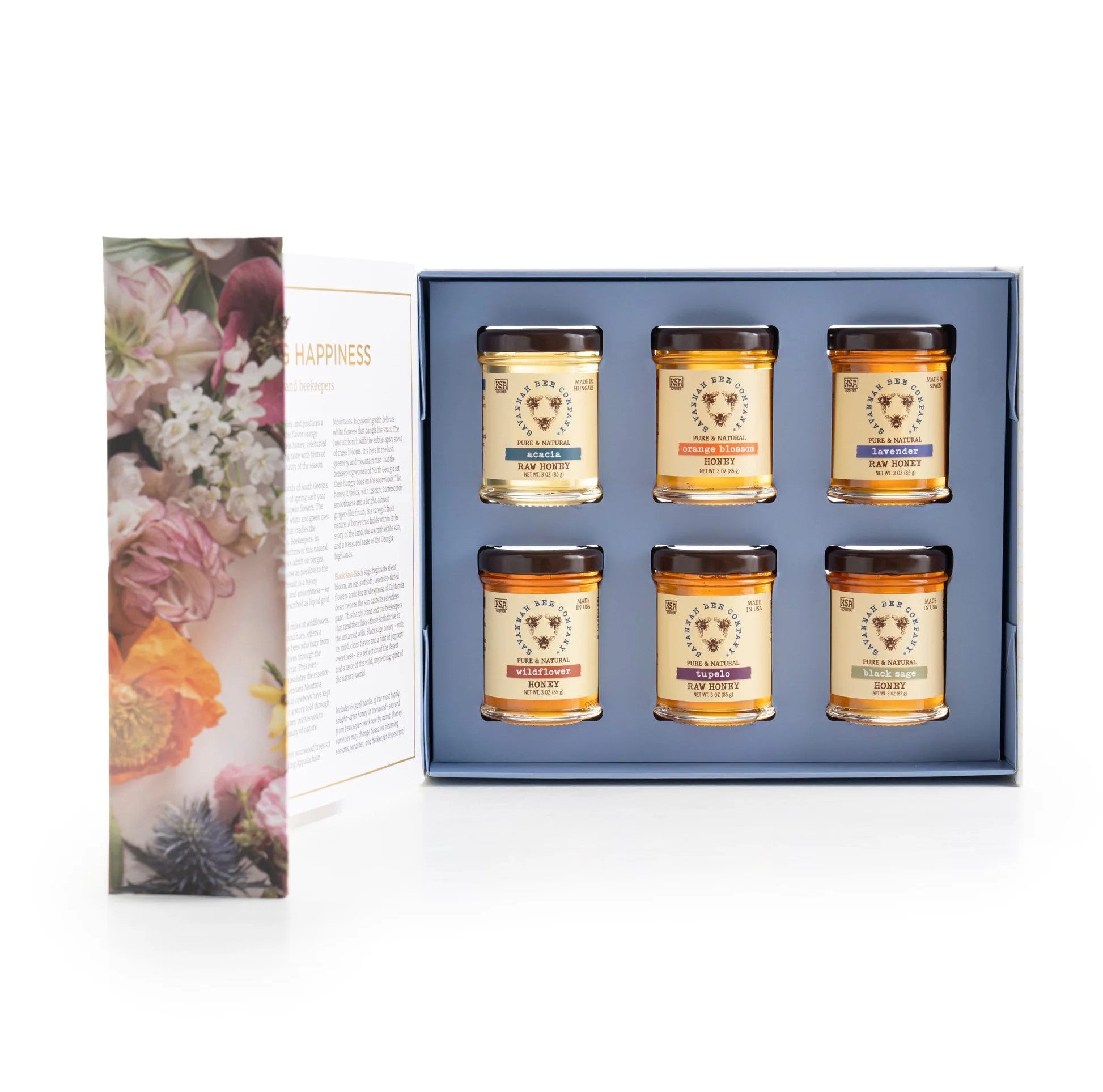 Upon opening the Book of Honey, you will be taken on a journey around the world, describing each honey’s taste, what it pairs well with, and its origin. Awaken your taste buds to the different flavors of honey. The Book of Honey is a tasting party in a box! It makes an attractive and fun gift for the honey connoisseur or even a honey "new-bee". 