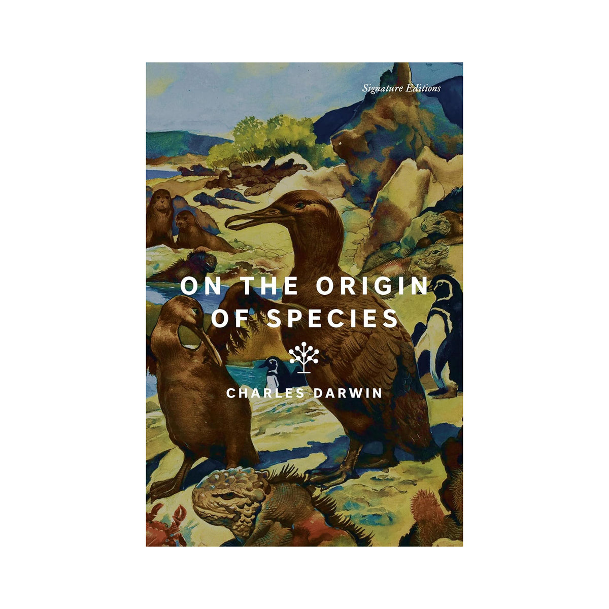 Book cover of 'On the Origin of Species' by Charles Darwin with illustrations of animals.