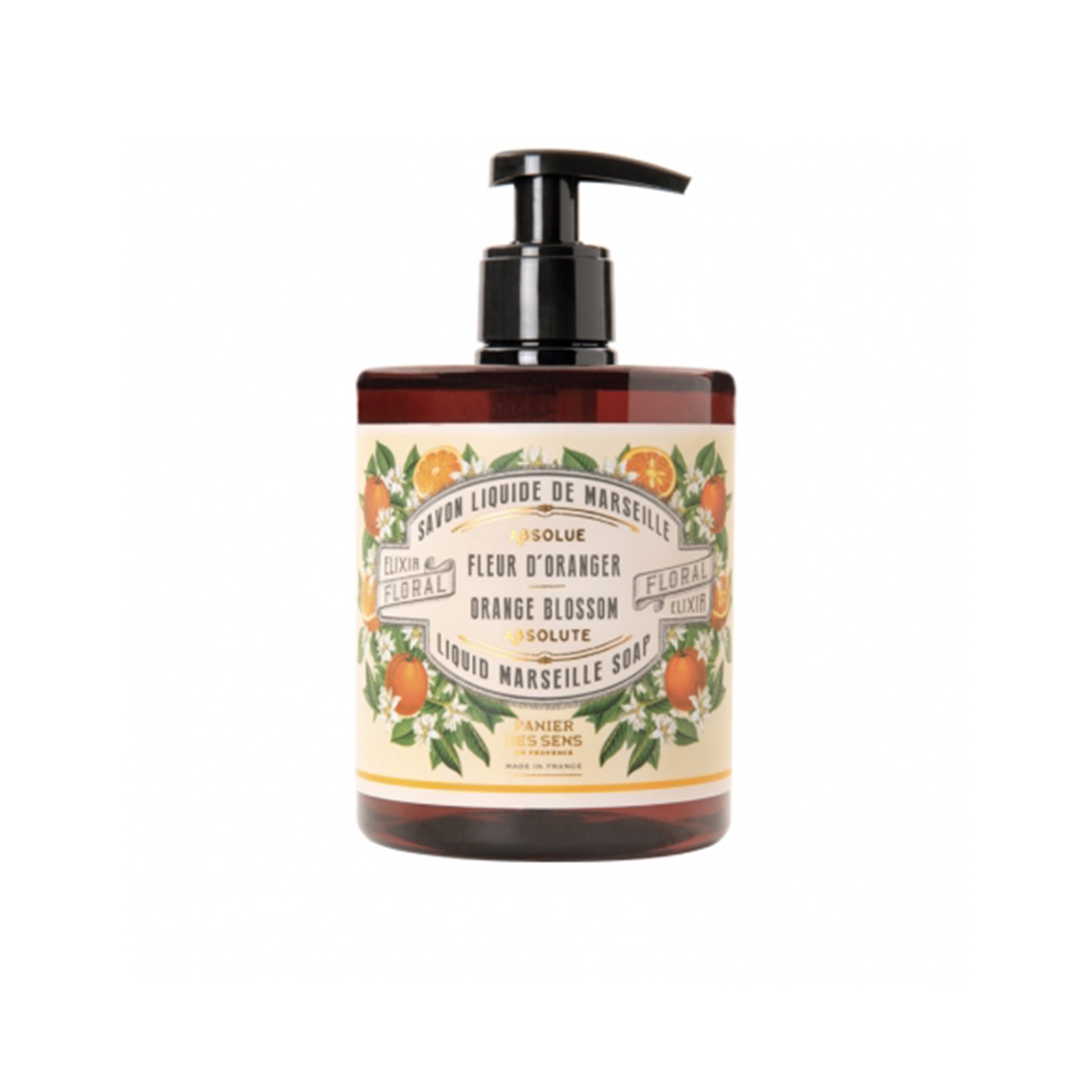 A bottle of Amier des Sens Liquid Marseille Soap, Orange Blossom scent, featuring a black pump dispenser and a cream-colored label decorated with illustrations of oranges and green leaves, set against a plain white background.