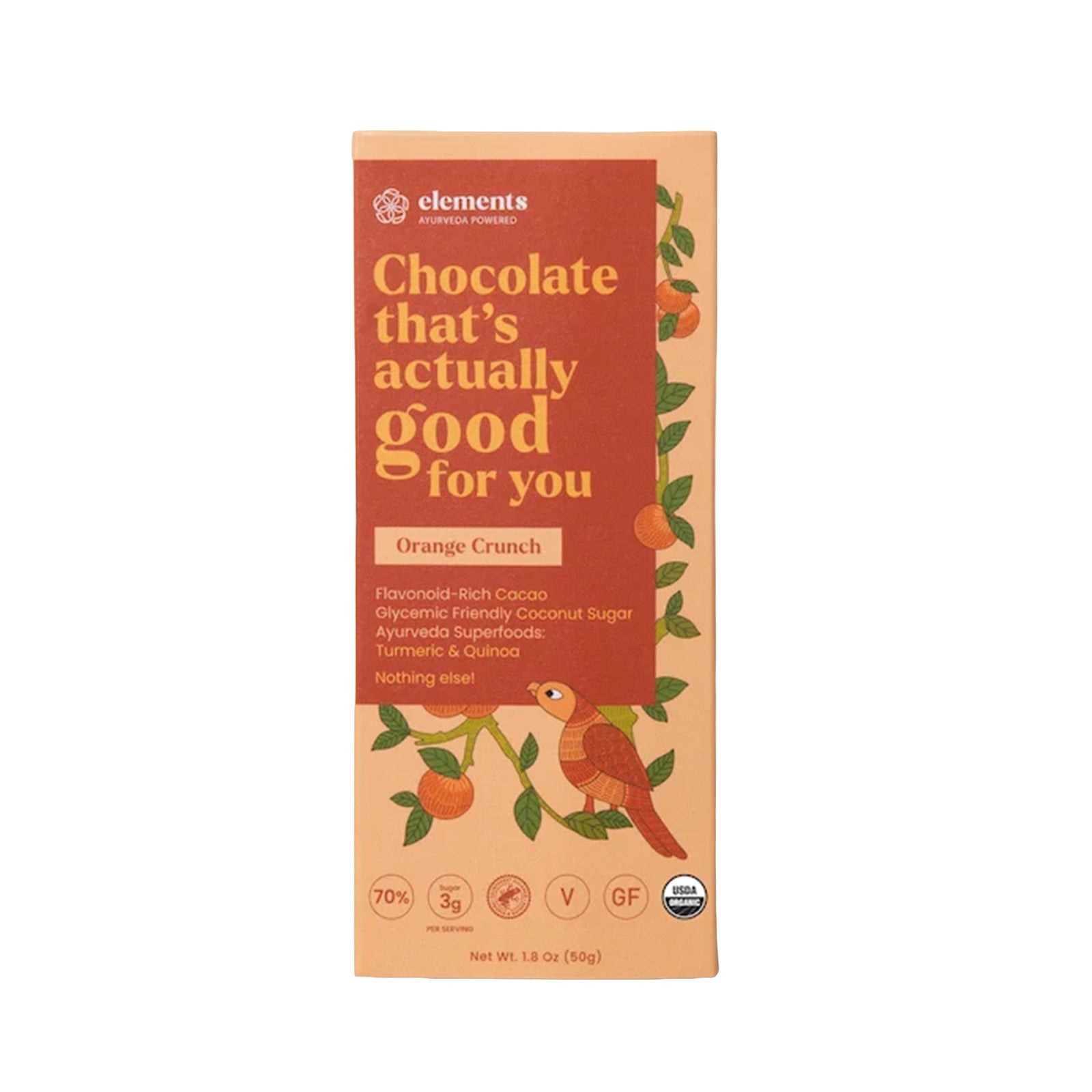 Elements Chocolate Company 'Chocolate that's actually good for you' Orange Crunch chocolate bar in its packaging box, shown against a plain white background.