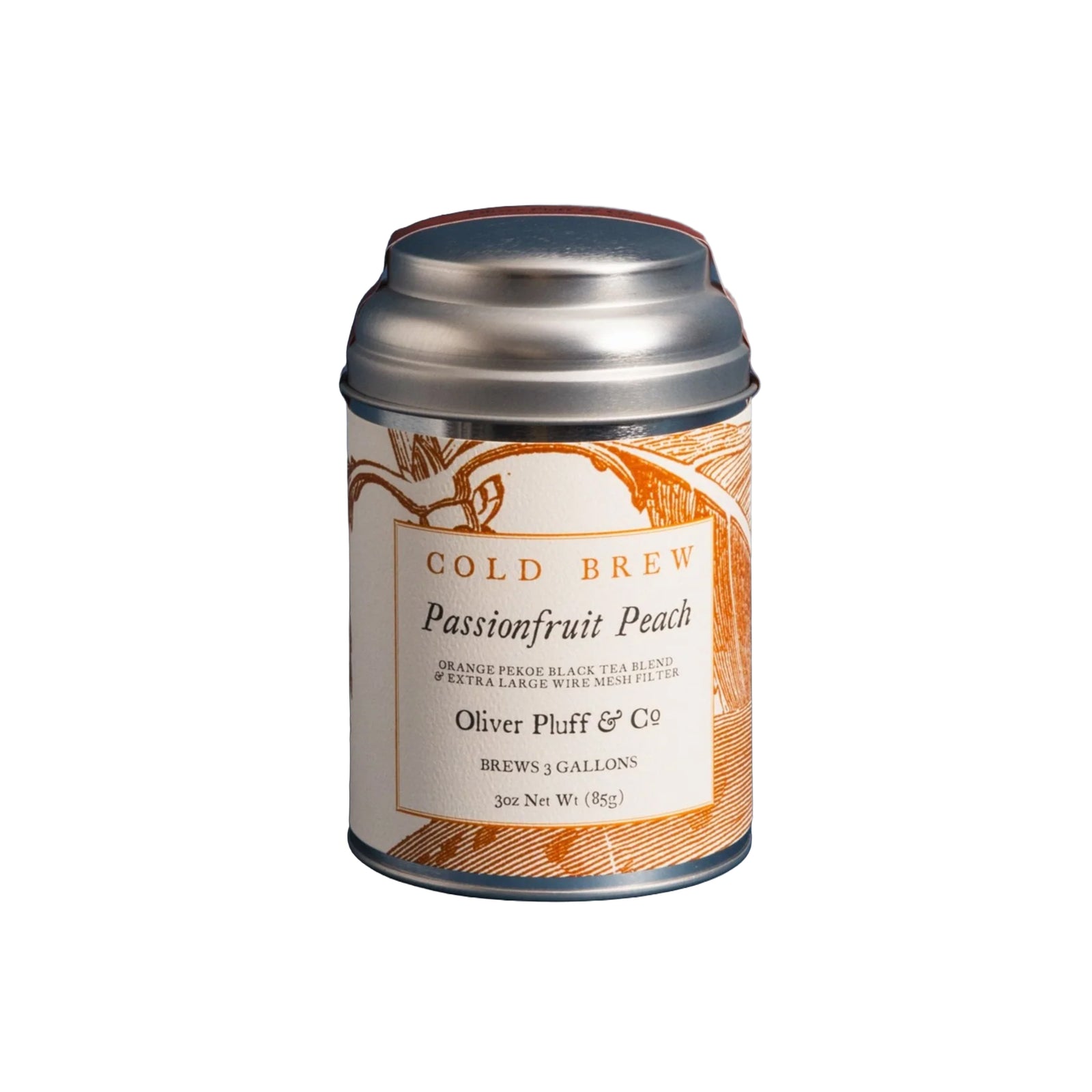 Tin of Cold Brew Passionfruit Peach tea by Oliver Pluff & Co on a white background