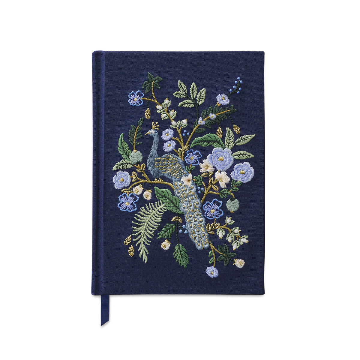 Embroidered notebook with peacock and floral design on a dark blue 
