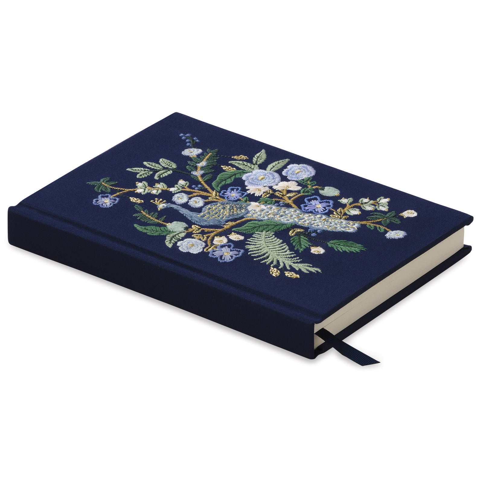 Pretty enough to leave out on your coffee table or kitchen worktop, this fabric-covered journal is beautifully embroidered with a majestic peacock surrounded by blooming blue flowers, accented with gold metallic leaves. This journal is perfect for a keepsake journal or diary. With 240 lined pages, there is plenty of space to capture your thoughts. 