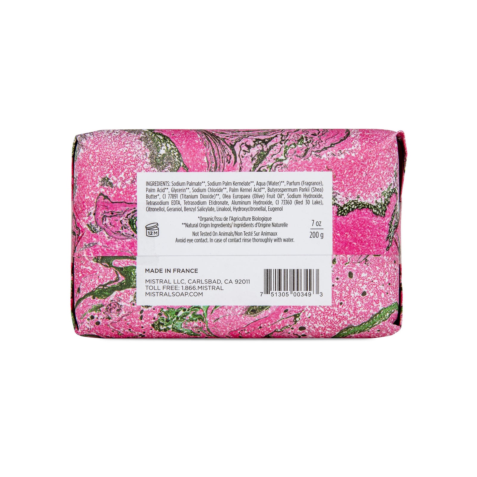 The soft round fragrance of blooming peonies combined with white rose and cedarwood creating an elegant, sophisticated and timeless scent. Organic shea butter and olive oil Gentle and moisturizing for dry, sensitive skin French-milled soap for long-lasting use All vegetable French soap 7 oz