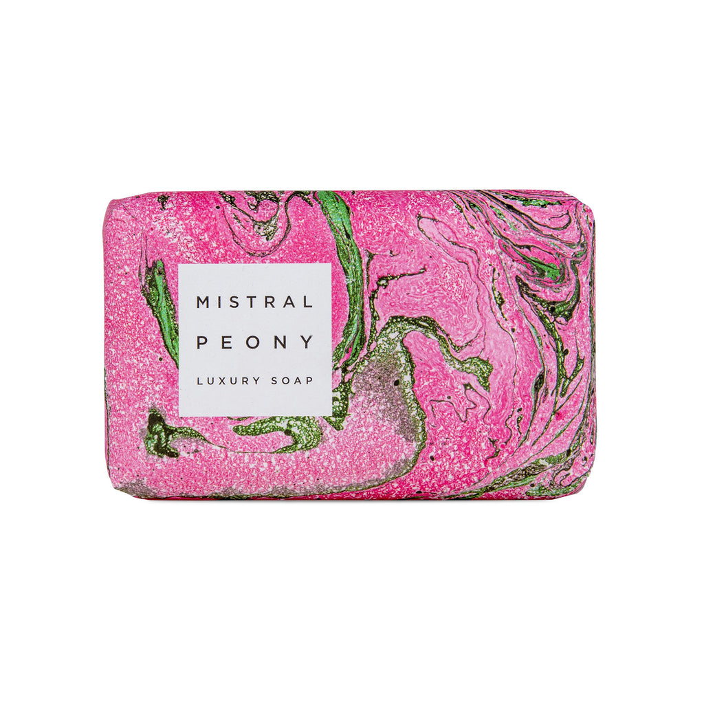 The soft round fragrance of blooming peonies combined with white rose and cedarwood creating an elegant, sophisticated and timeless scent. Organic shea butter and olive oil Gentle and moisturizing for dry, sensitive skin French-milled soap for long-lasting use All vegetable French soap 7 oz