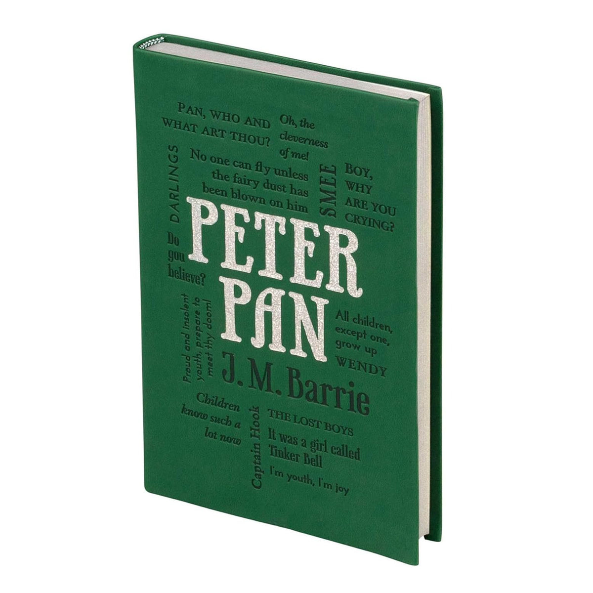 Green book titled 'Peter Pan' by J.M. Barrie on a white background