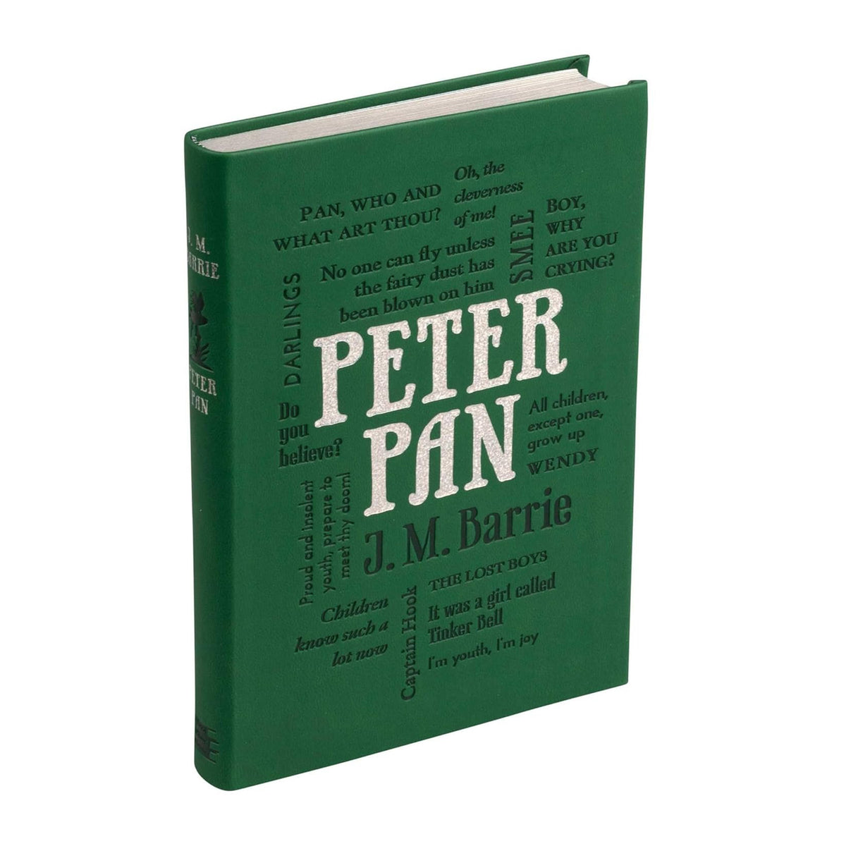 Green book titled 'Peter Pan' by J.M. Barrie on a white background