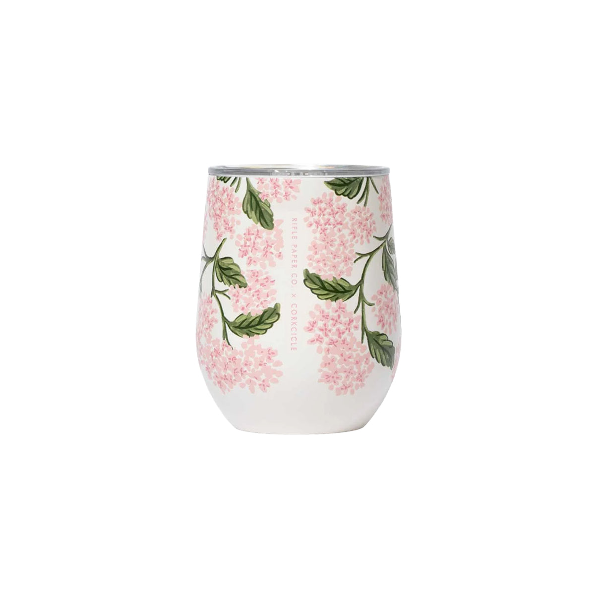 Stemless wine glass with pink floral pattern on a white background