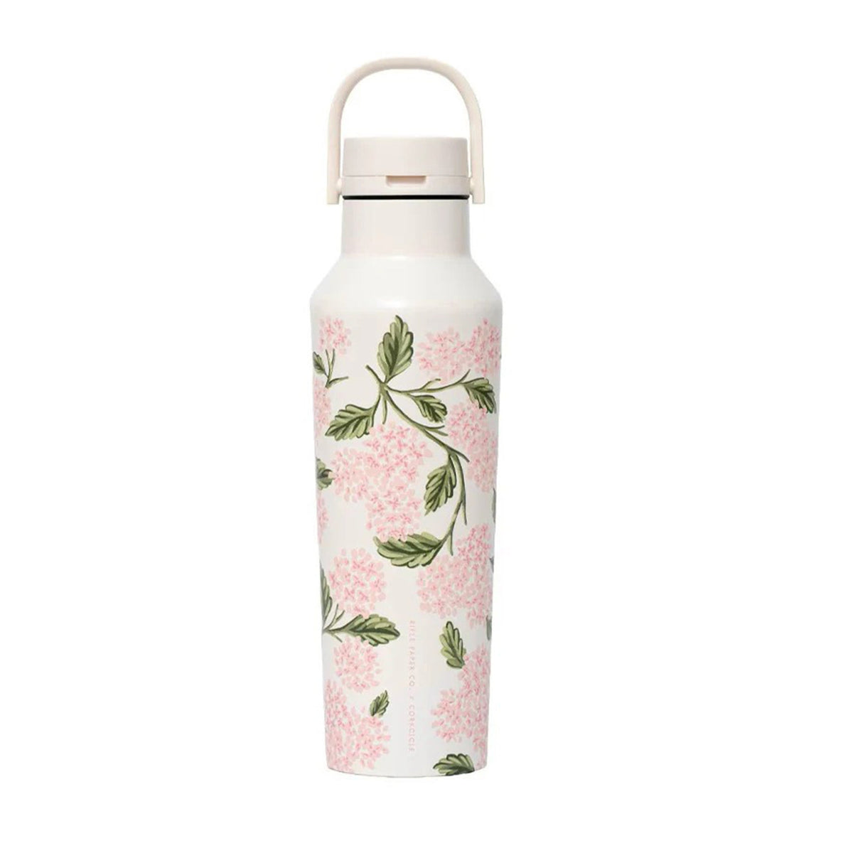 Floral-patterned water bottle on a white background