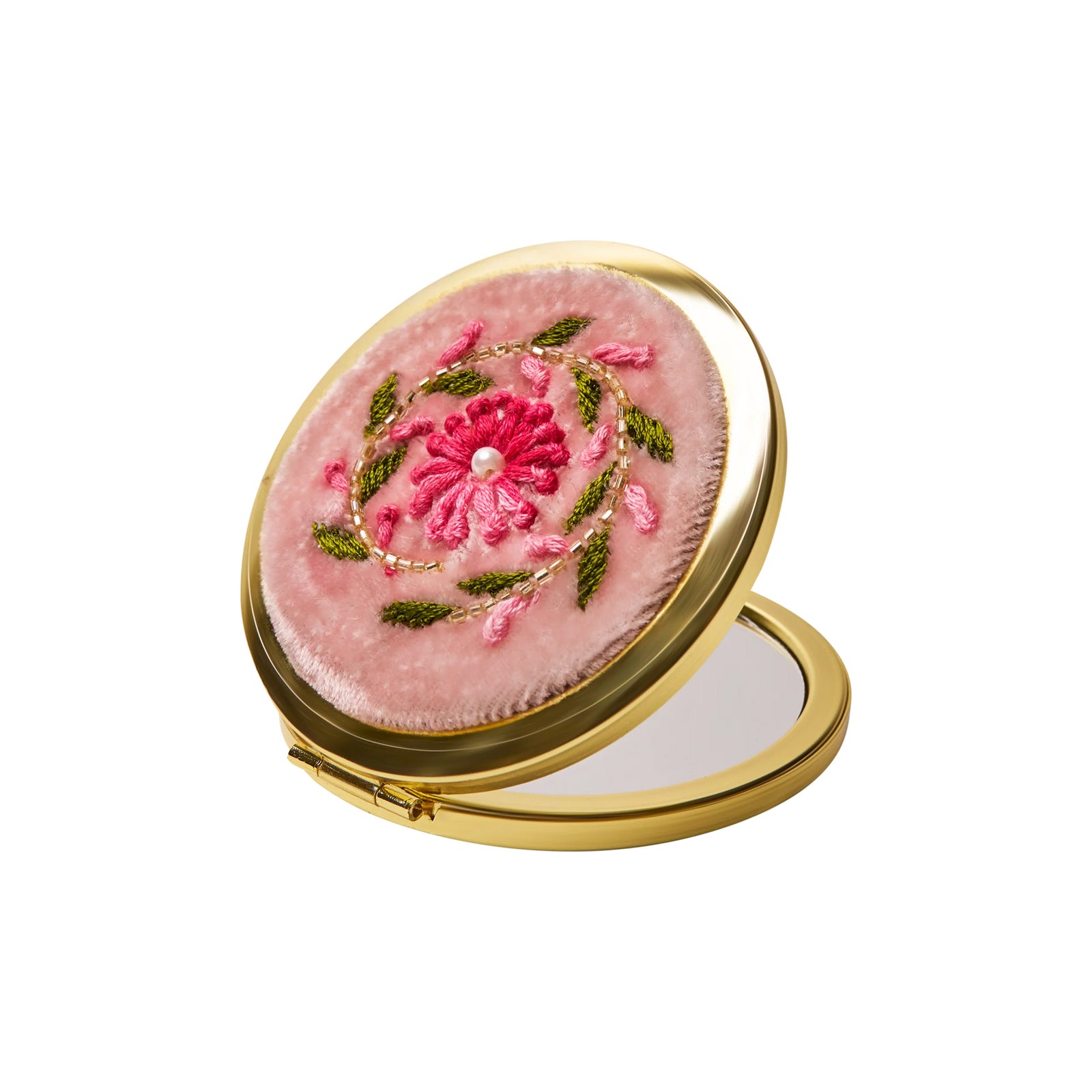 Luxurious aqua boutique mirror with delicate embroidery. Perfect for vanity, bag, or travel. 100% polyester velvet, metal shell. 2.75" x 2.75".