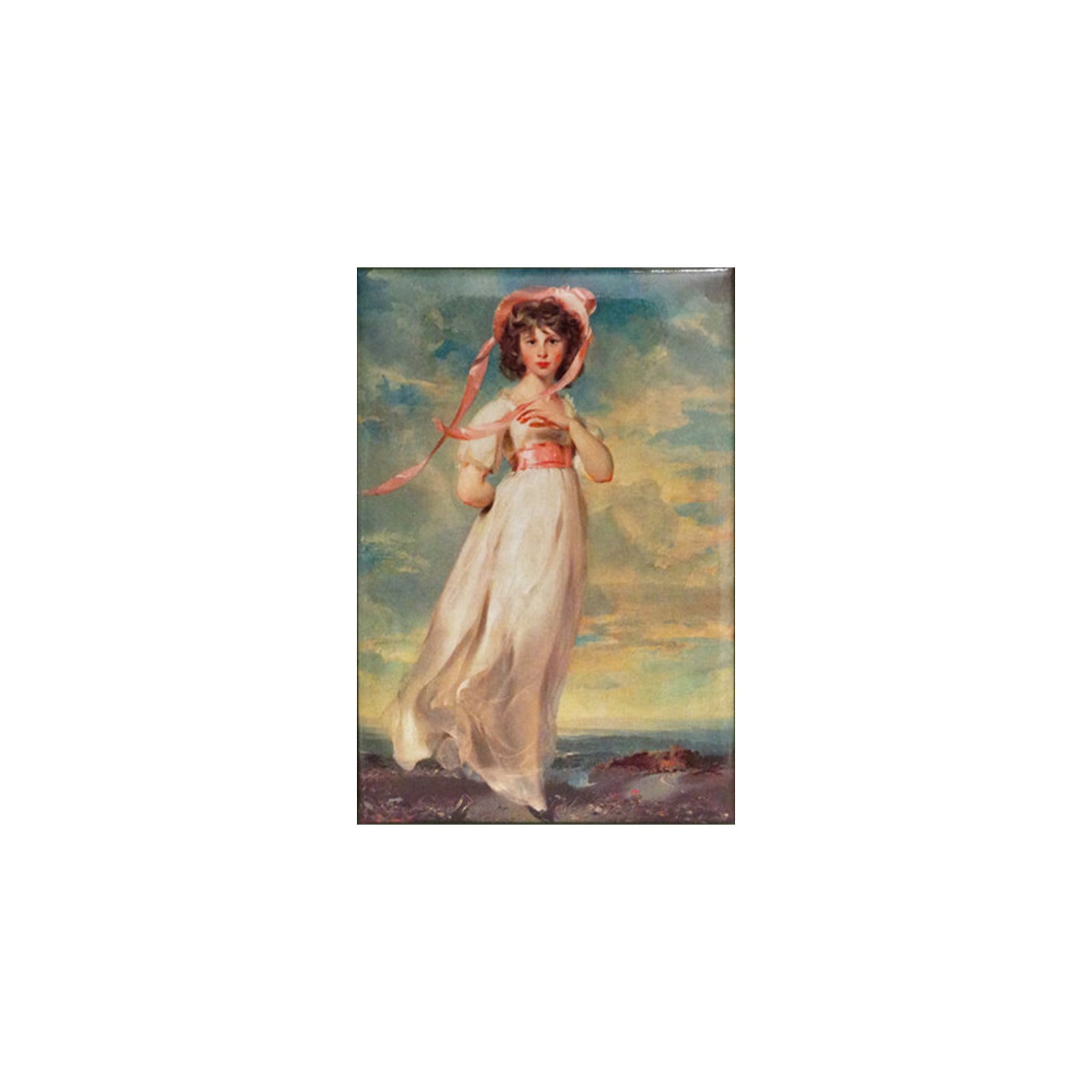 A vertical art print depicting a vintage-style painting of a young woman in a flowing white dress with a pink bonnet and ribbon, standing outdoors against a cloudy sky.