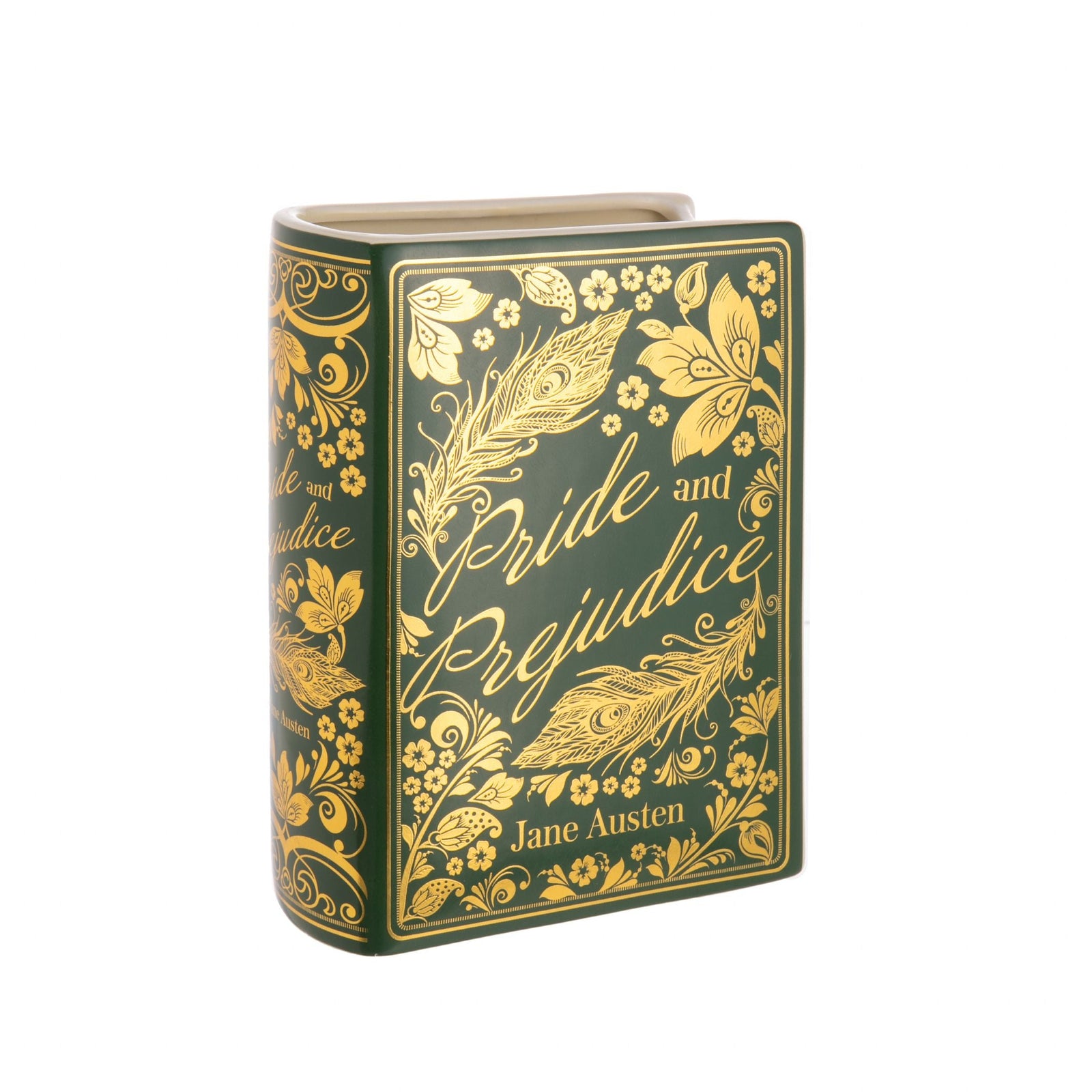 Decorative book-shaped vase with 'Pride and Prejudice' design on a white background