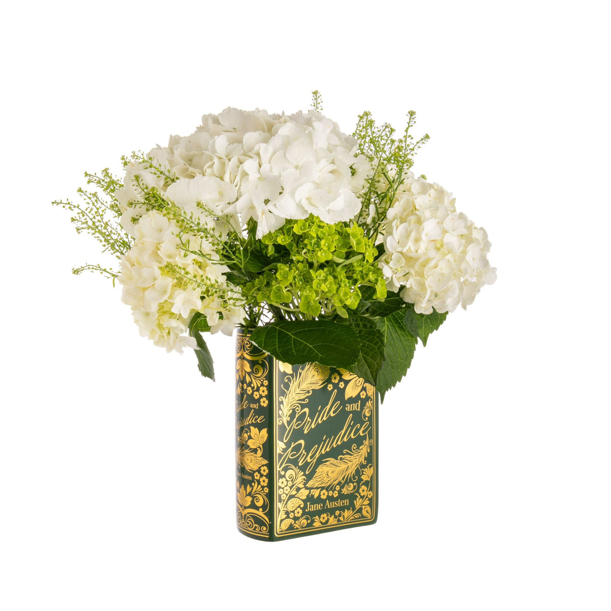 Floral arrangement in a decorative pride and prejudice themed vase on a white background