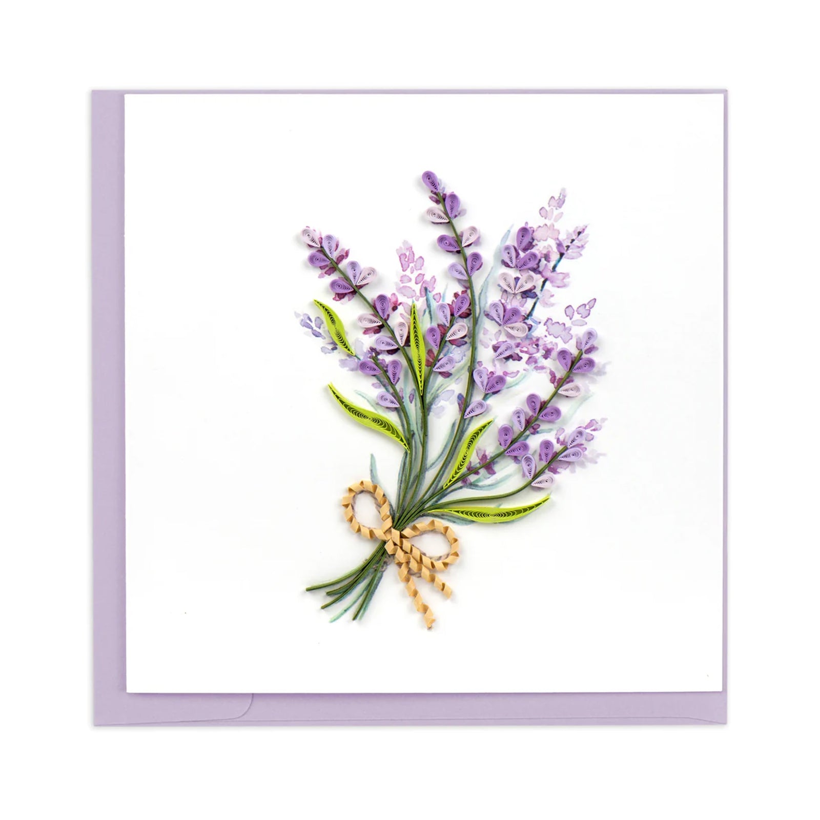 Greeting card with a bouquet of lavender with a gold bow on a white background with a lavender colored envelope