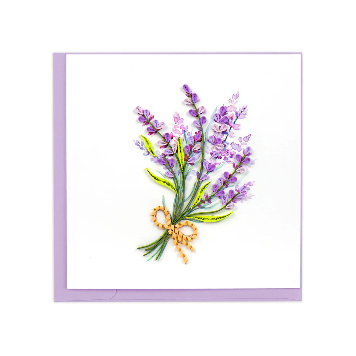 A square white greeting card with a lavender bouquet illustration in the center, featuring purple flowers, green stems, and a small yellow-orange bow, with a lavender border around the card.
