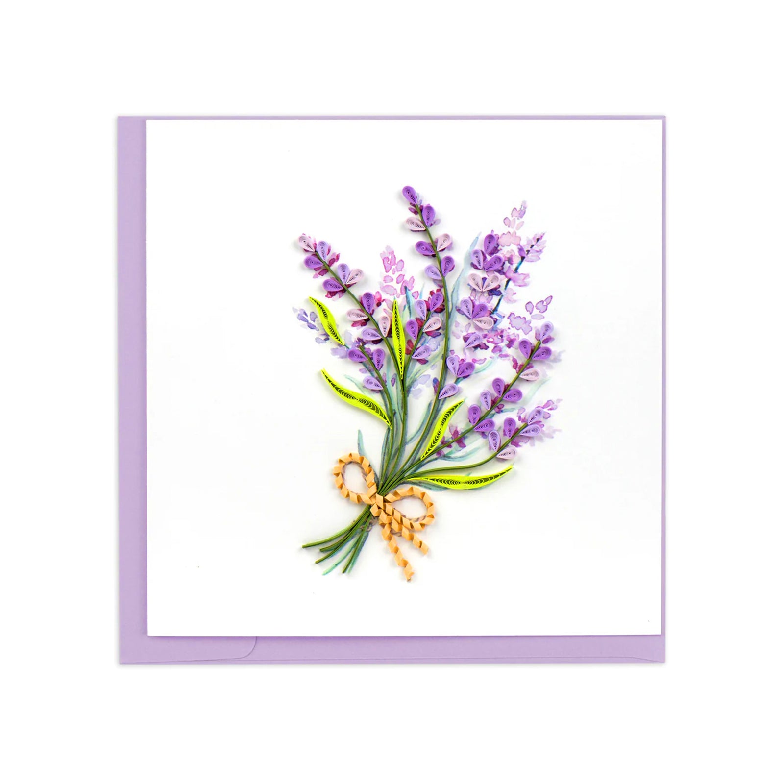 A square white greeting card with a lavender bouquet illustration in the center, featuring purple flowers, green stems, and a small yellow-orange bow, with a lavender border around the card.
