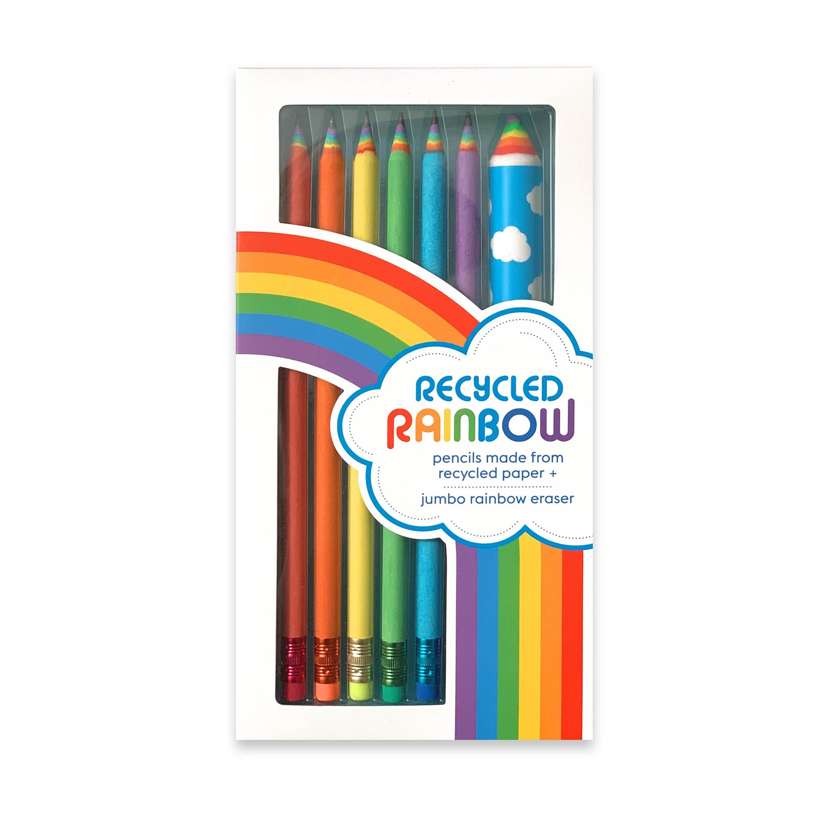 Leave a rainbow wherever you go! Made from recycled paper, these cheerful pencils make a little paper rainbow when you sharpen them! The set also includes a pencil-shaped giant rainbow eraser, so you don’t have to worry about making a pesky little mistake. Set of six graphite pencils and one jumbo eraser