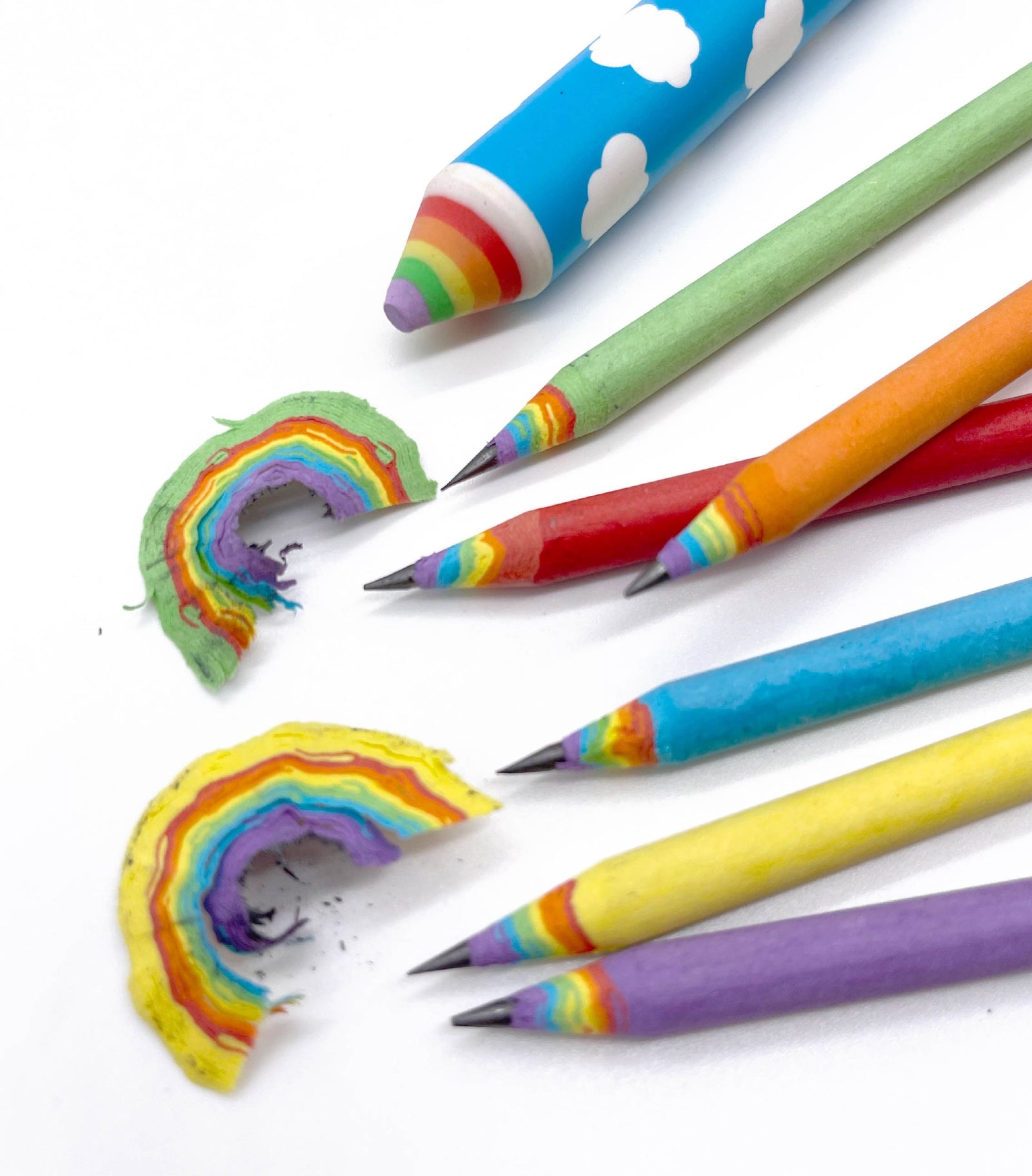 Leave a rainbow wherever you go! Made from recycled paper, these cheerful pencils make a little paper rainbow when you sharpen them! The set also includes a pencil-shaped giant rainbow eraser, so you don’t have to worry about making a pesky little mistake. Set of six graphite pencils and one jumbo eraser