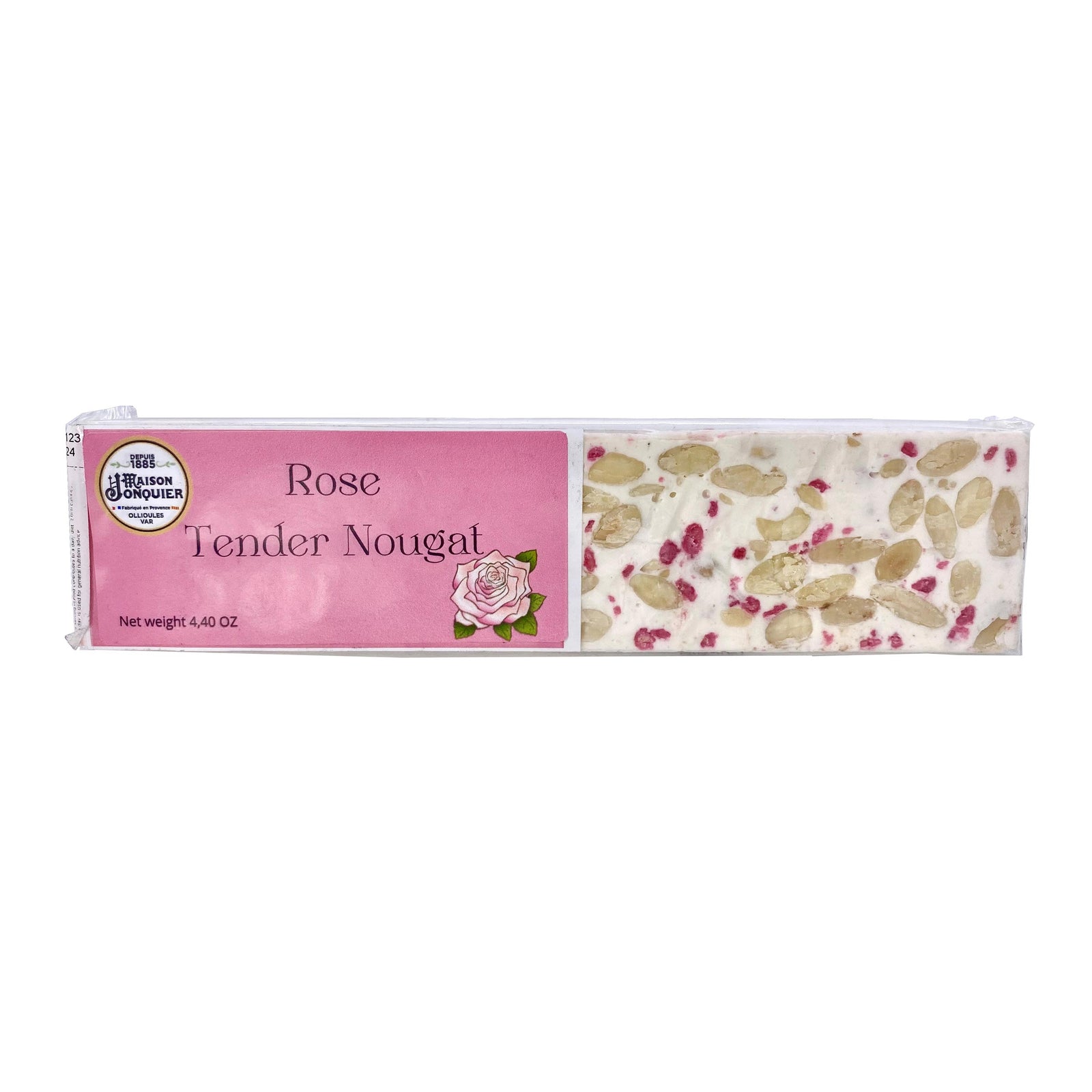 The Jonquier family have been making sweet treats in Ollioules in the South of France since 1885. This delicious rose nougat is made to their original family recipe, handed down through the generations. Sweet, soft, and filled with delicious almons and decadent crystalized rose petals. 4.40z. Made in France.