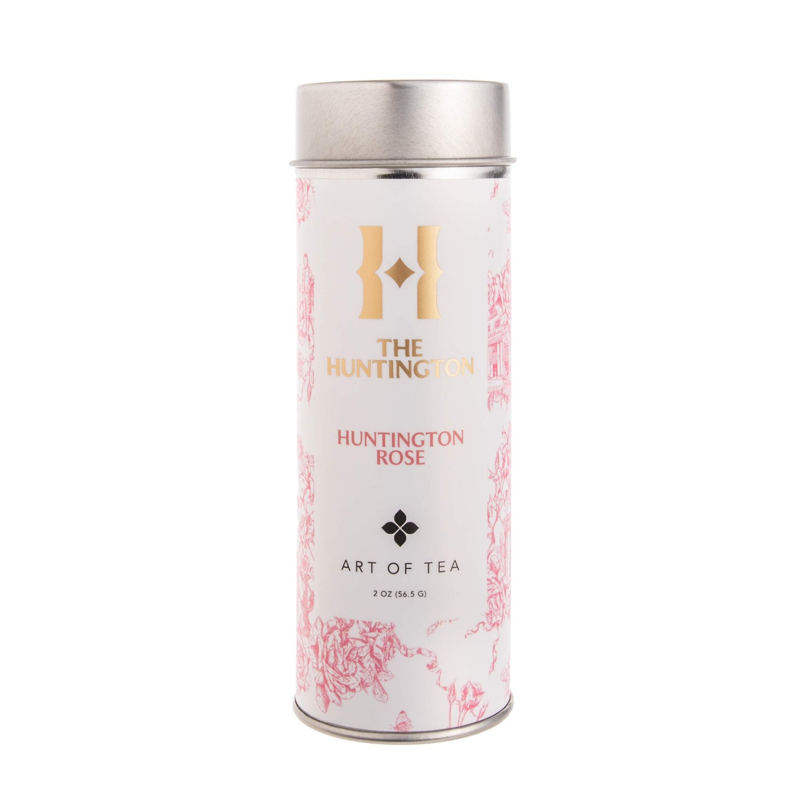 A canister of Huntington Rose tea with a label featuring a rose garden motif and the text 'THE HUNTINGTON ART OF TEA'.