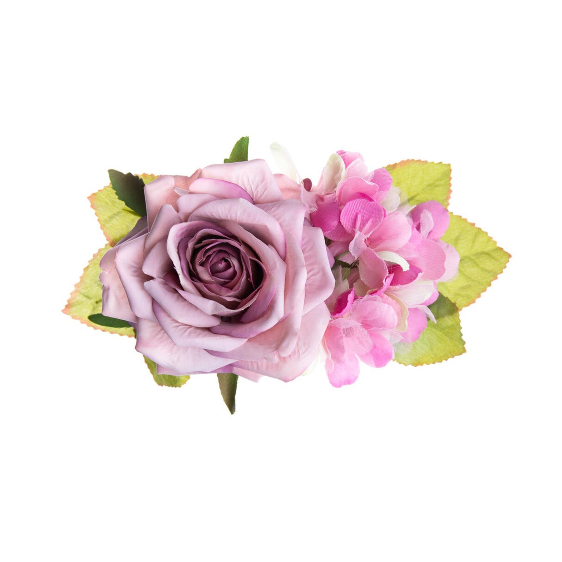 Add a touch of nature to your look with our stunning rose and hydrangea pin! Featuring lifelike blooms and intricately detailed leaves, this exquisite accessory captures the beauty of these flowers in full bloom. This lightweight pin has both a safety pin and clip backing, making it easy to attach to your favorite clothing or accessory to enhance your outfit effortlessly