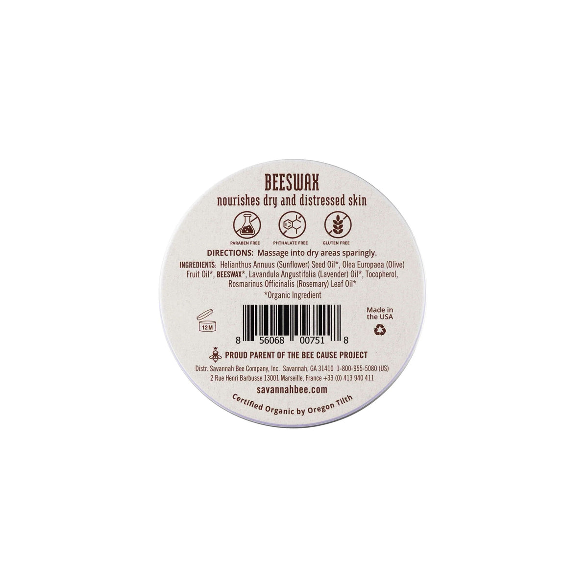 The back of a round beige beeswax body butter container, showing the product name 'BEESWAK', directions, ingredients, barcode, and company details on a white background.
