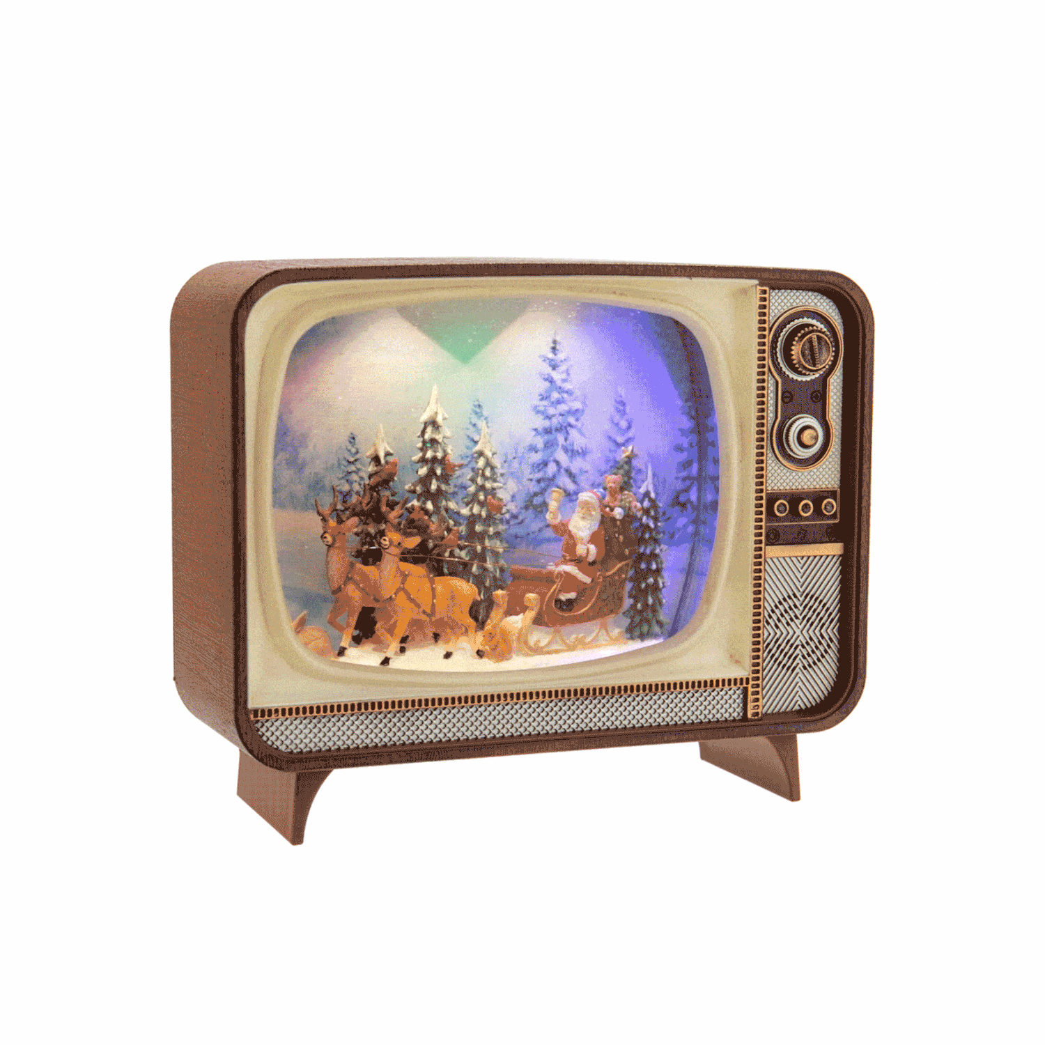 This delightful centerpiece brings a nostalgic touch to any room, featuring Santa in his sleigh, snow-dusted pine trees, and a few furry friends. 