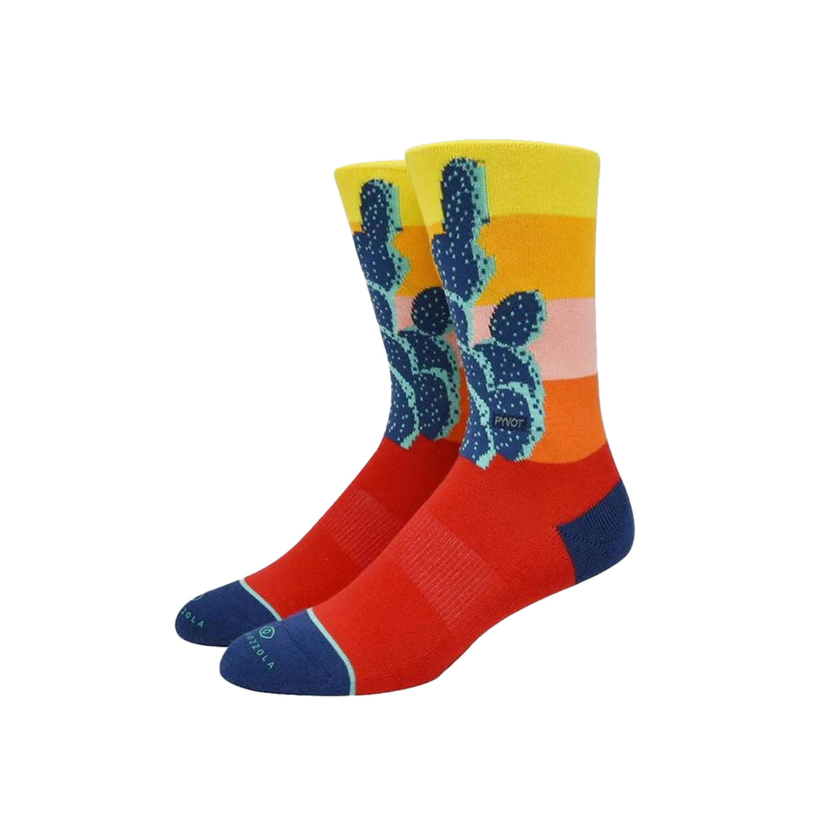 A pair of crew socks with a colorful striped design in yellow, orange, and pink, featuring a blue cactus pattern on the upper leg, a red foot, and a blue toe cap, shown on a plain white background.