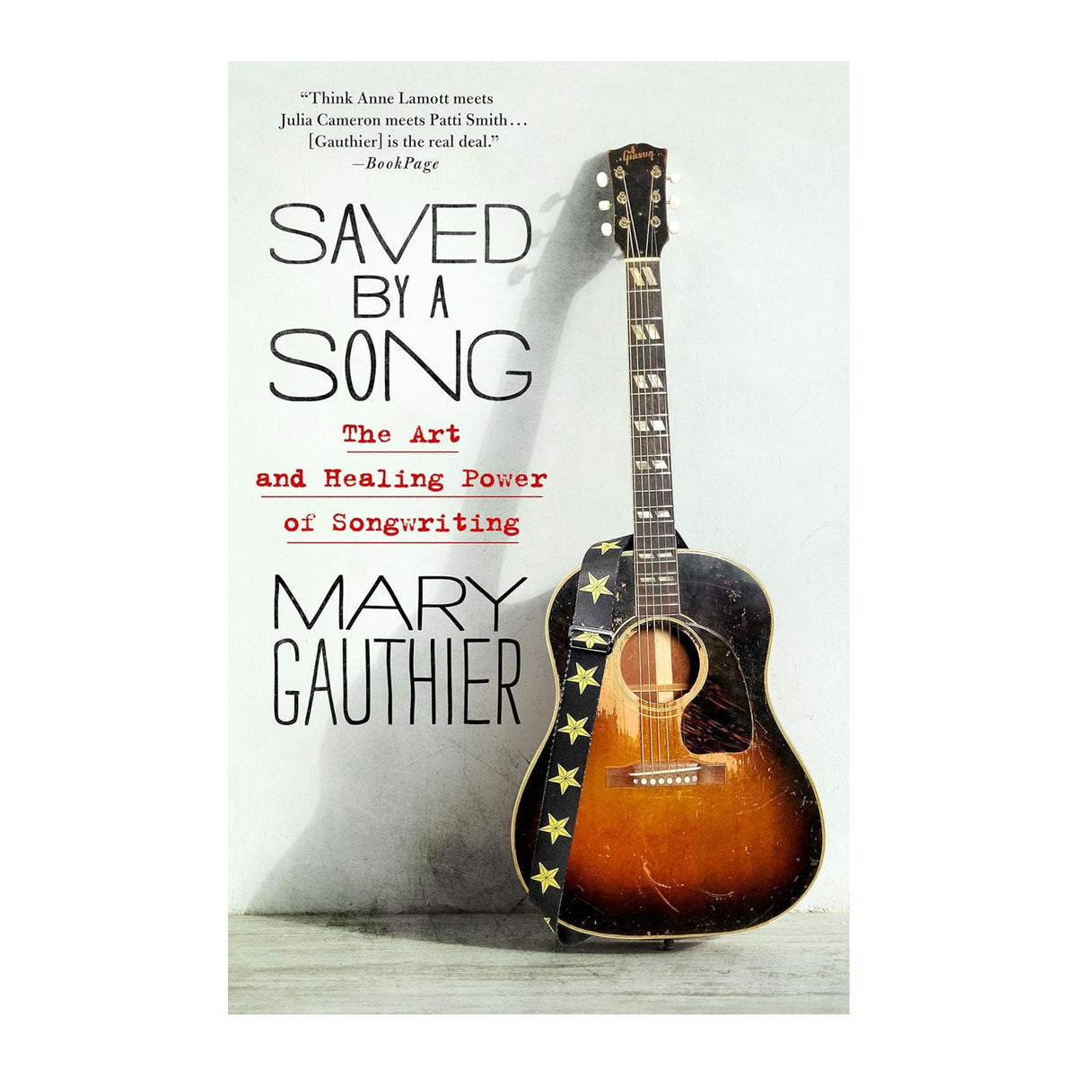 Book cover of 'Saved by a Song' with a guitar and stars on a white background