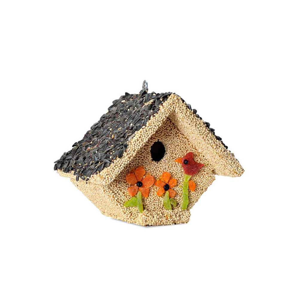 Decorative birdhouse made from birdseed and dried fruit on a white background