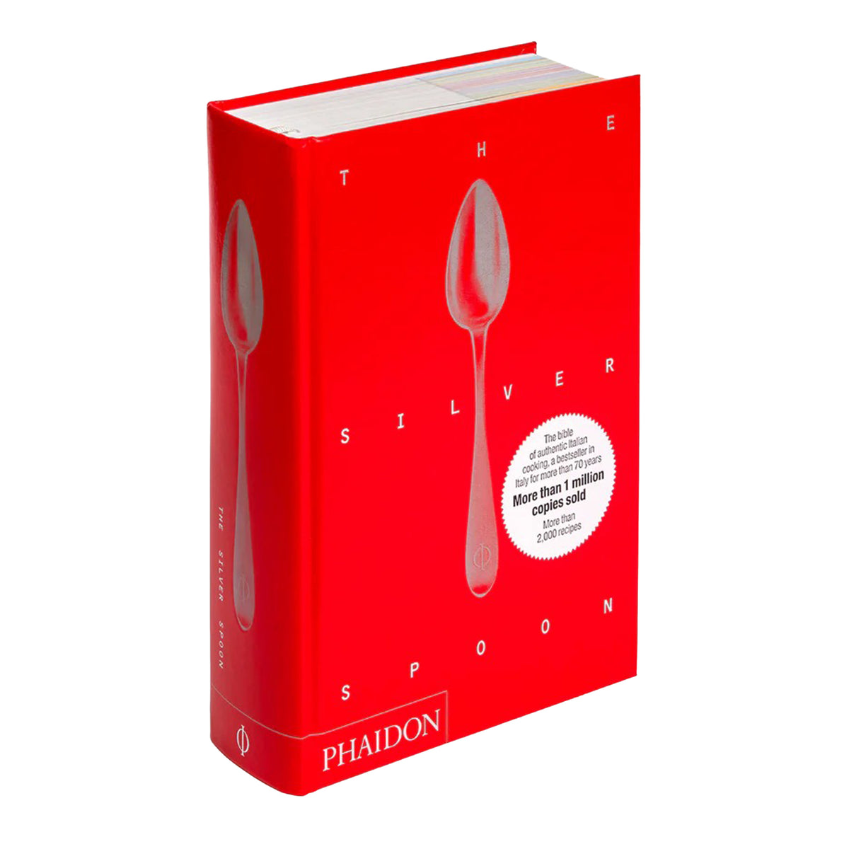 Red book titled 'The Silver Spoon' by Phaidon with spoon illustrations on a white background