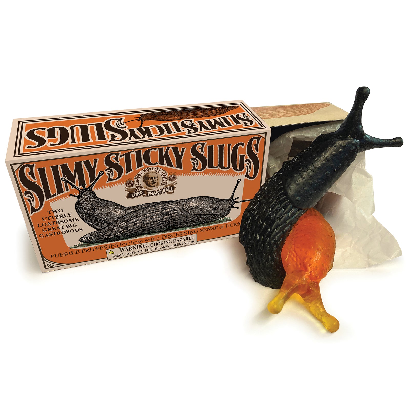 Toy slugs with packaging labeled 'Slimy Sticky Slugs' on a white background