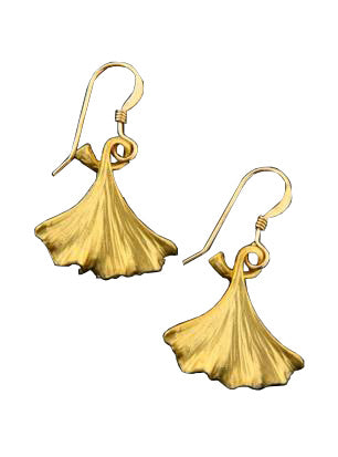 Beautiful botanical dreams filter the inspired elegance of these delicate drop earrings which will add effortless, elegant, organic interest to any look. 14K gold filled French wires Gold dipped three dimensional gingko biloba charm drop Size approx: 1" x 3/4"