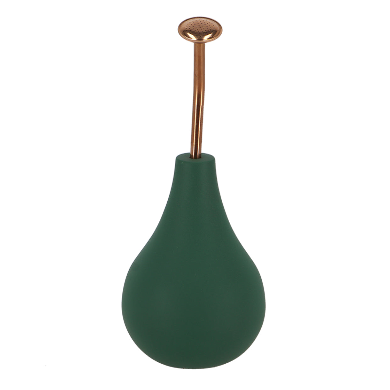 Green teardrop-shaped plant mister with a copper-colored top on a white background