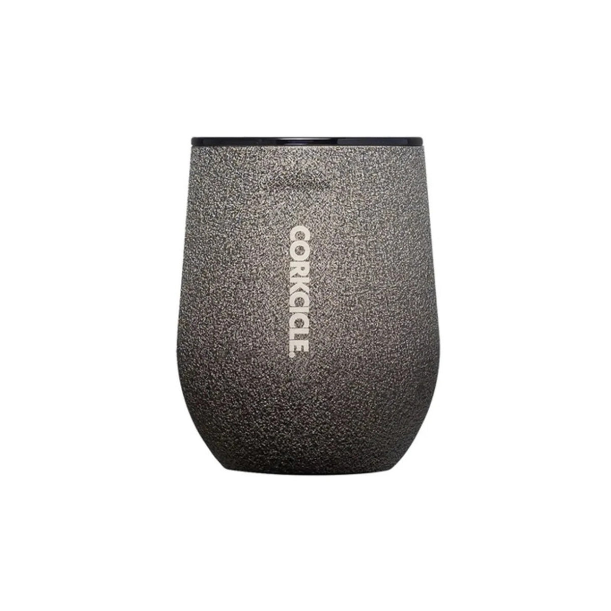 A textured dark gray insulated stemless wine tumbler with a black rim and the brand name 'CORKCILE' printed vertically in white on the front, set against a plain white background.