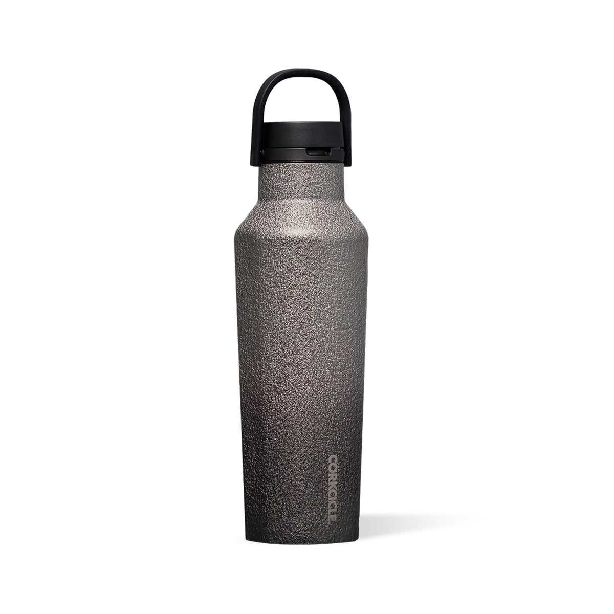 A textured dark gray Canteen insulated water bottle with a black lid and carrying loop, shown on a clean white background.