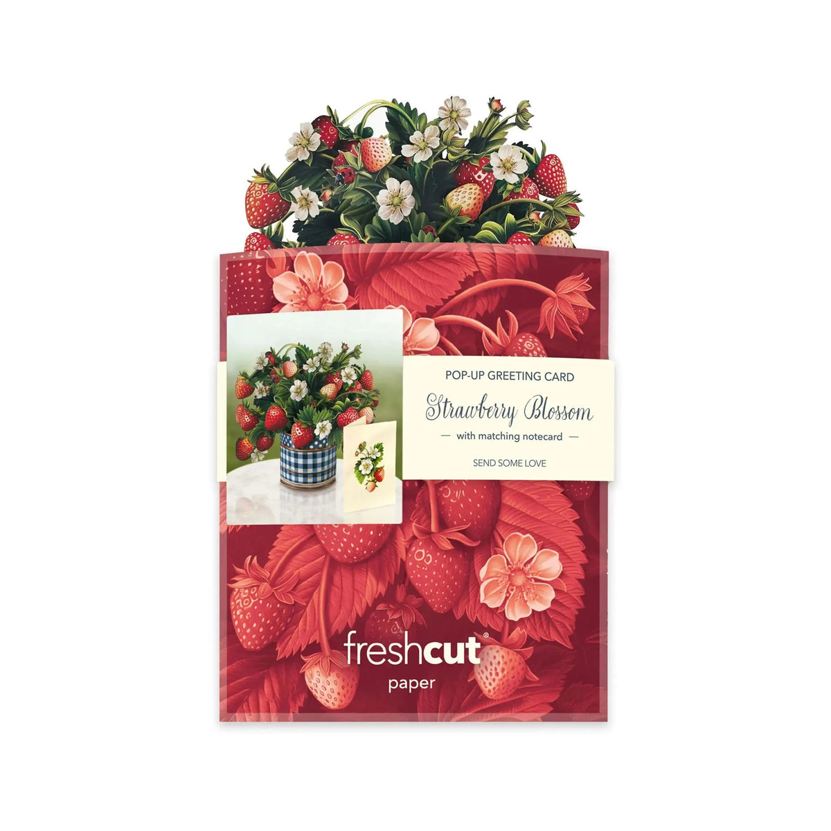 Brighten someone&#39;s day with our Mini Strawberry Blossom Bouquet in a vintage tin, featuring strawberries and ladybugs. Includes a matching notecard!