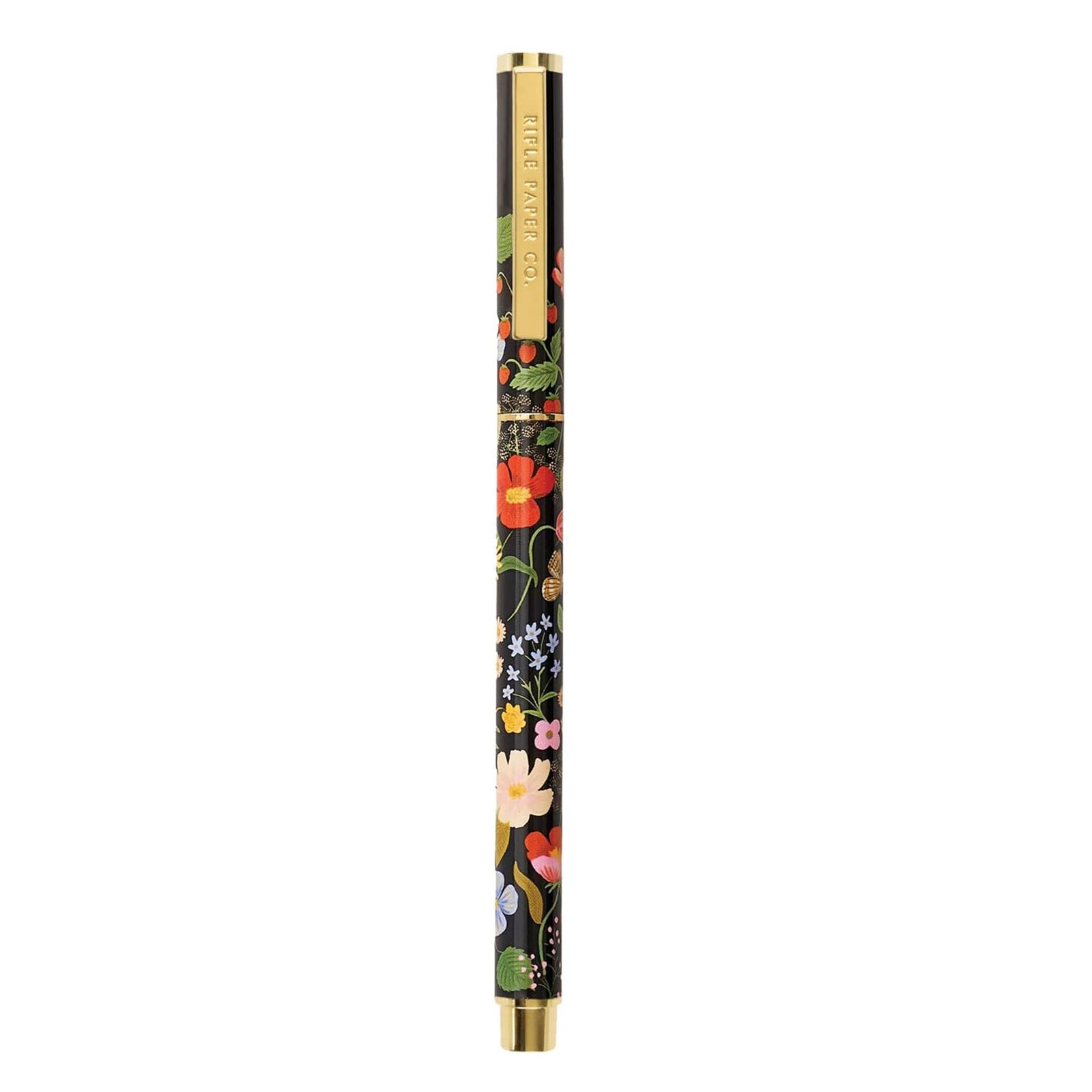 Whether crossing off your to-do list or jotting in your journal, this comfortably weighted rollerball pen turns handwriting into an easy habit. Prettily decorated with a strawberry and floral pattern, and finished off in shiny gold for an extra touch of elegance. Black ink. Refillable.