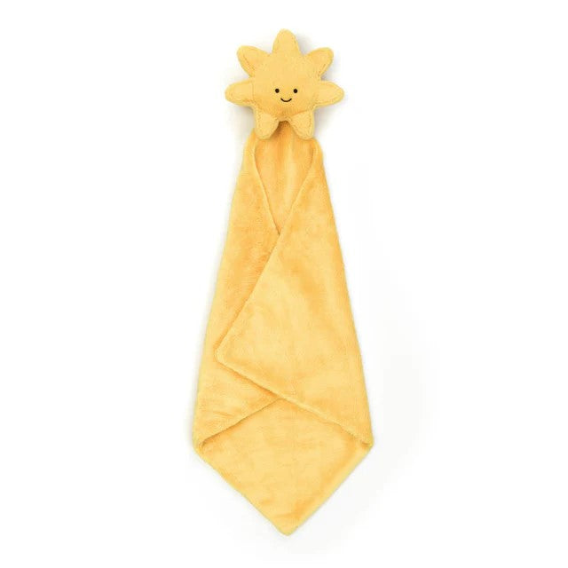 The Amuseables Sun Soother is a bundle of warm cuddles rolled up and presented in a Baby Jellycat grosgrain ribbon. Both the golden sun and the soother are made with the softest recycled fibers. With cheery embroidered eyes and a smile to brighten every day, it makes for a perfect newborn gift. 
