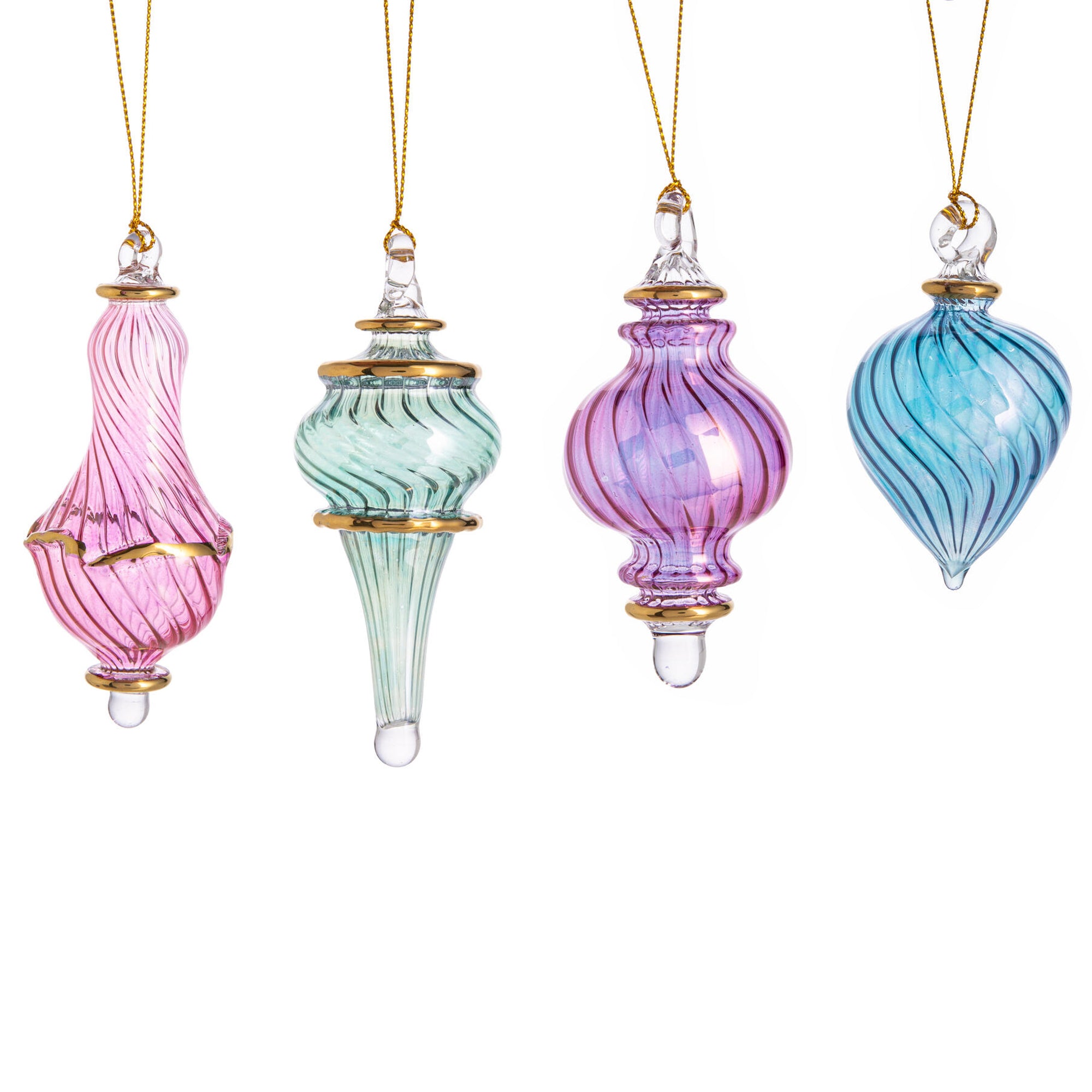 Set of four colorful glass Christmas ornaments on a white background