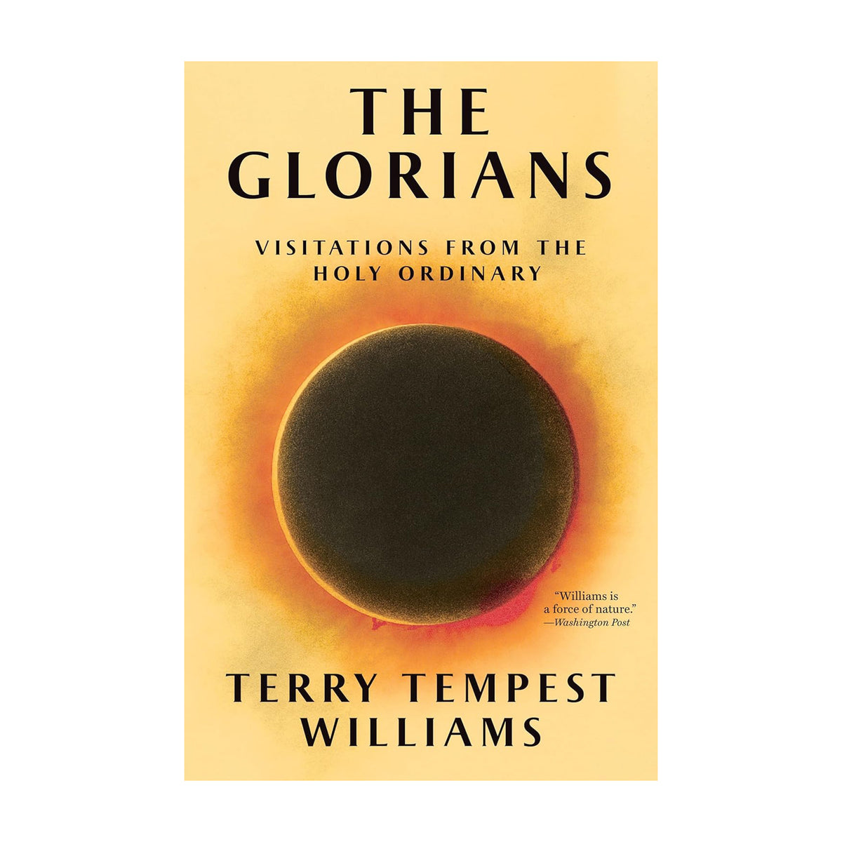 Book cover of 'The Glorians' by Terry Tempest Williams with a yellow background and central black circle.