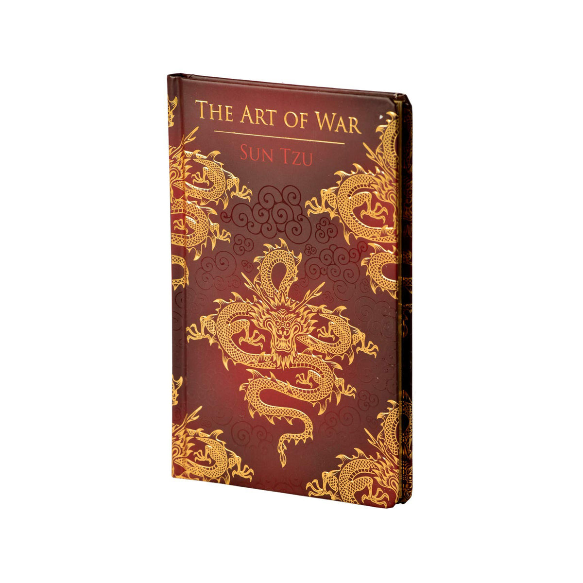 The Art of War Sun Tzu book cover featuring a dark red background with intricate gold dragon illustrations and gold lettering, shown on a plain white background.