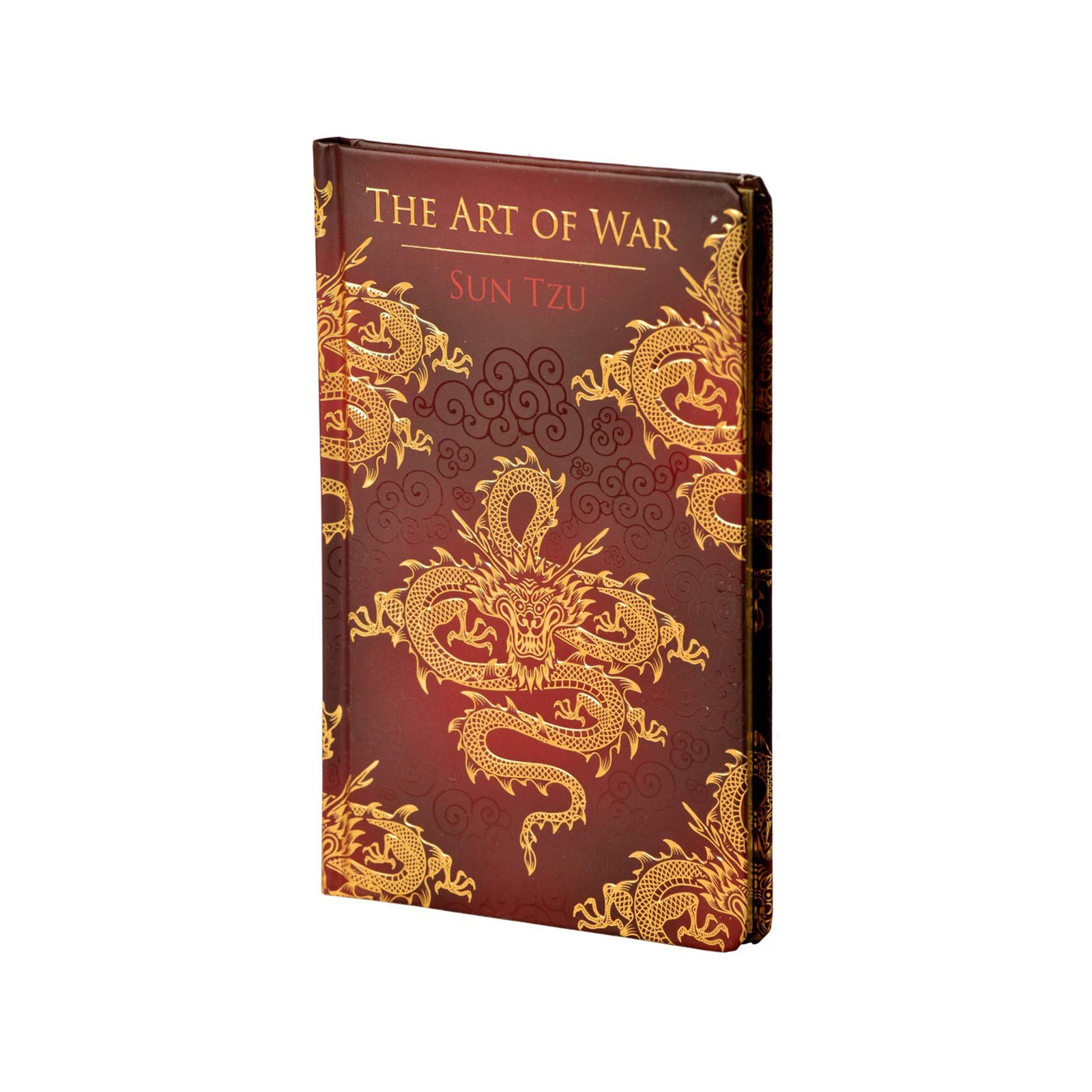 The Art of War Sun Tzu book cover featuring a dark red background with intricate gold dragon illustrations and gold lettering, shown on a plain white background.