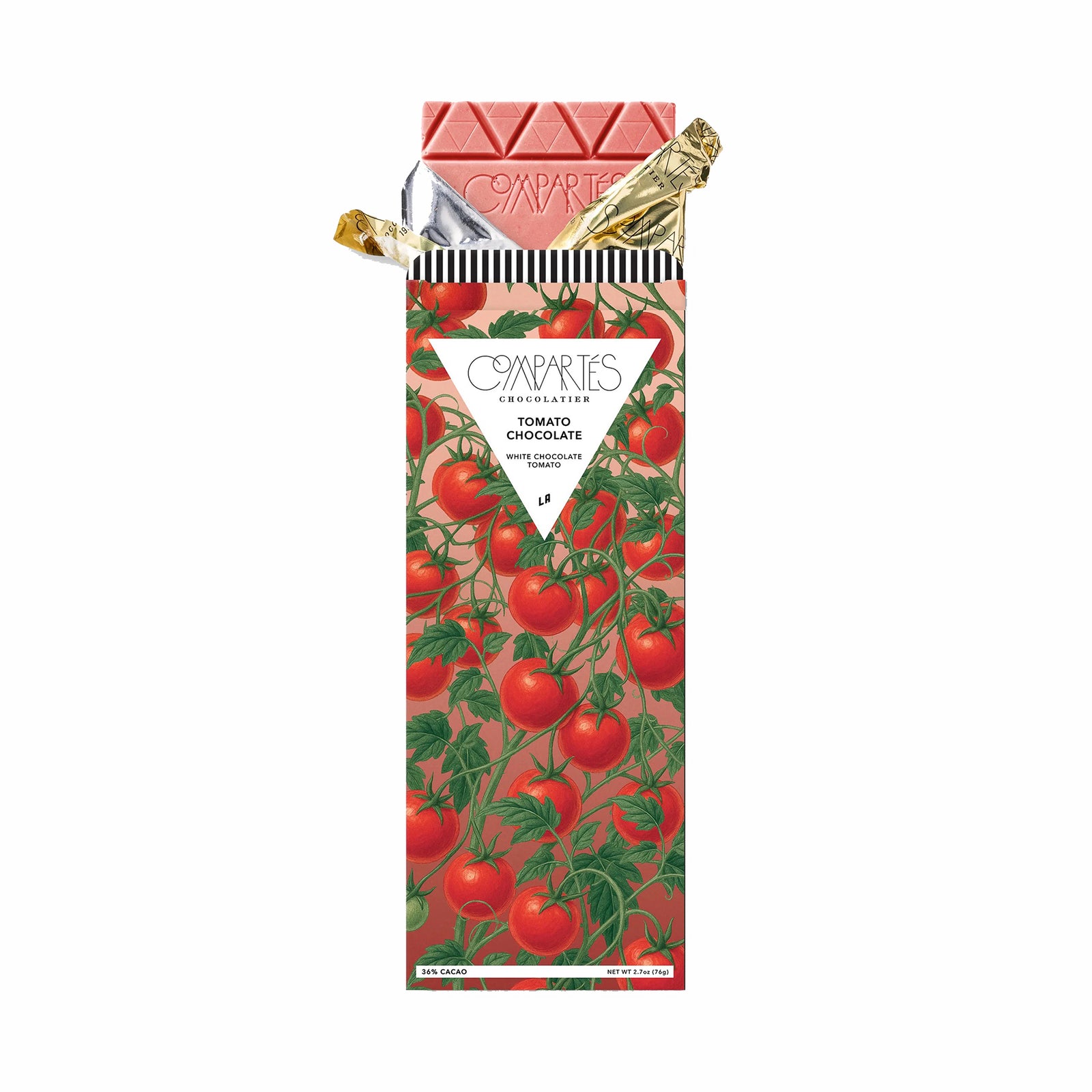 Chocolate bar packaging with tomato design on a white background