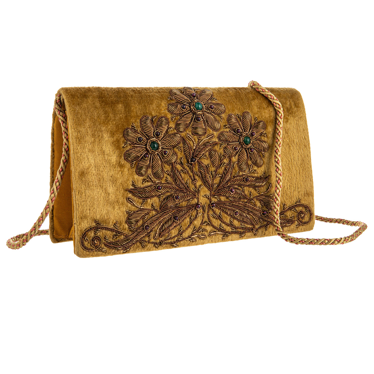 Gold clutch bag with floral embroidery on a white background