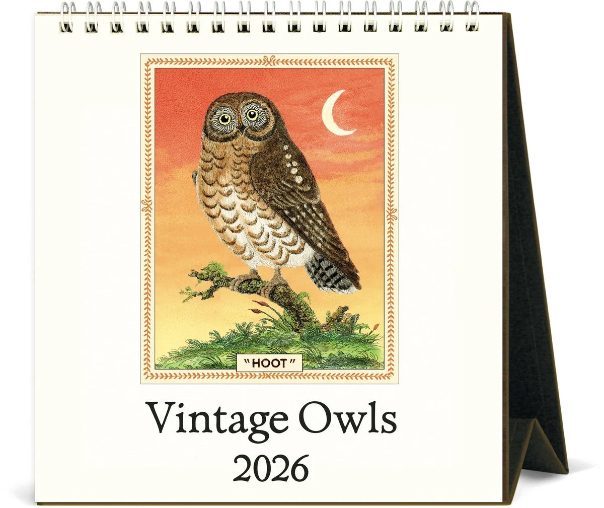 Vintage-style calendar with an owl illustration and &#39;Hoot&#39; text on a white background