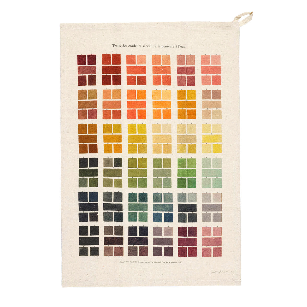 This Watercolor Swatches 100% organic cotton tea towel features artwork inspired by a vintage book written and illustrated in 1692 about mixing watercolors. Here, the original artwork has been enhanced to breathe fresh life into the beautiful watercolor swatch paintings. Material: 100% organic cotton Dimensions: 28" x 18" Loop in one corner for easy hanging Machine washable for everyday use in your kitchen